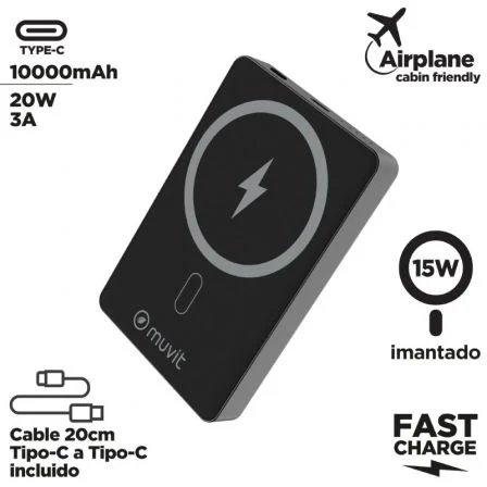 Muvit Powerbank 10000mAh 20W Carga Inalámbrica Negro con Cable USB-C MCCHP0010